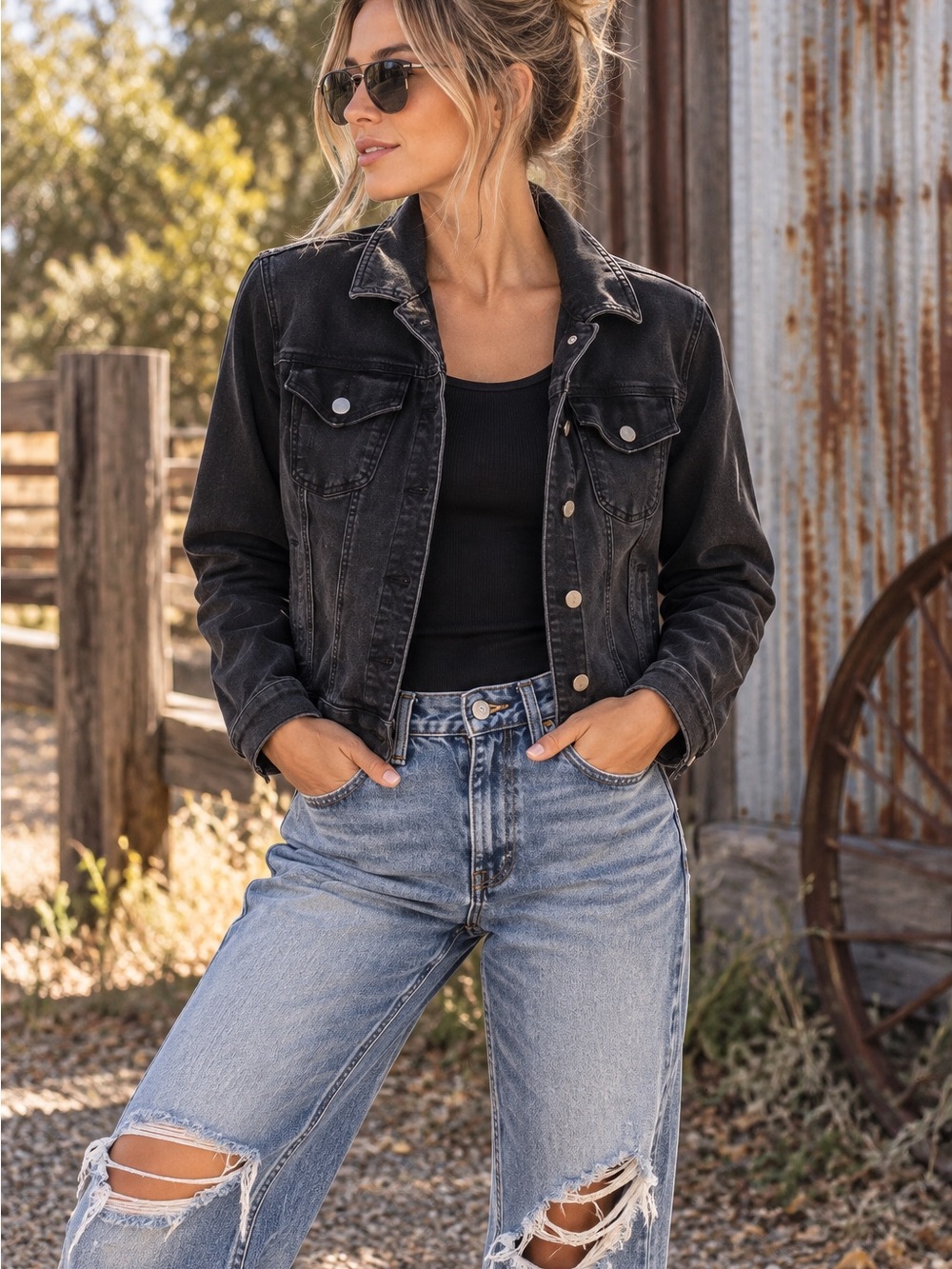 Prosperity Black Washed Denim Jacket Women’s M Cropped Stretch Western Fall